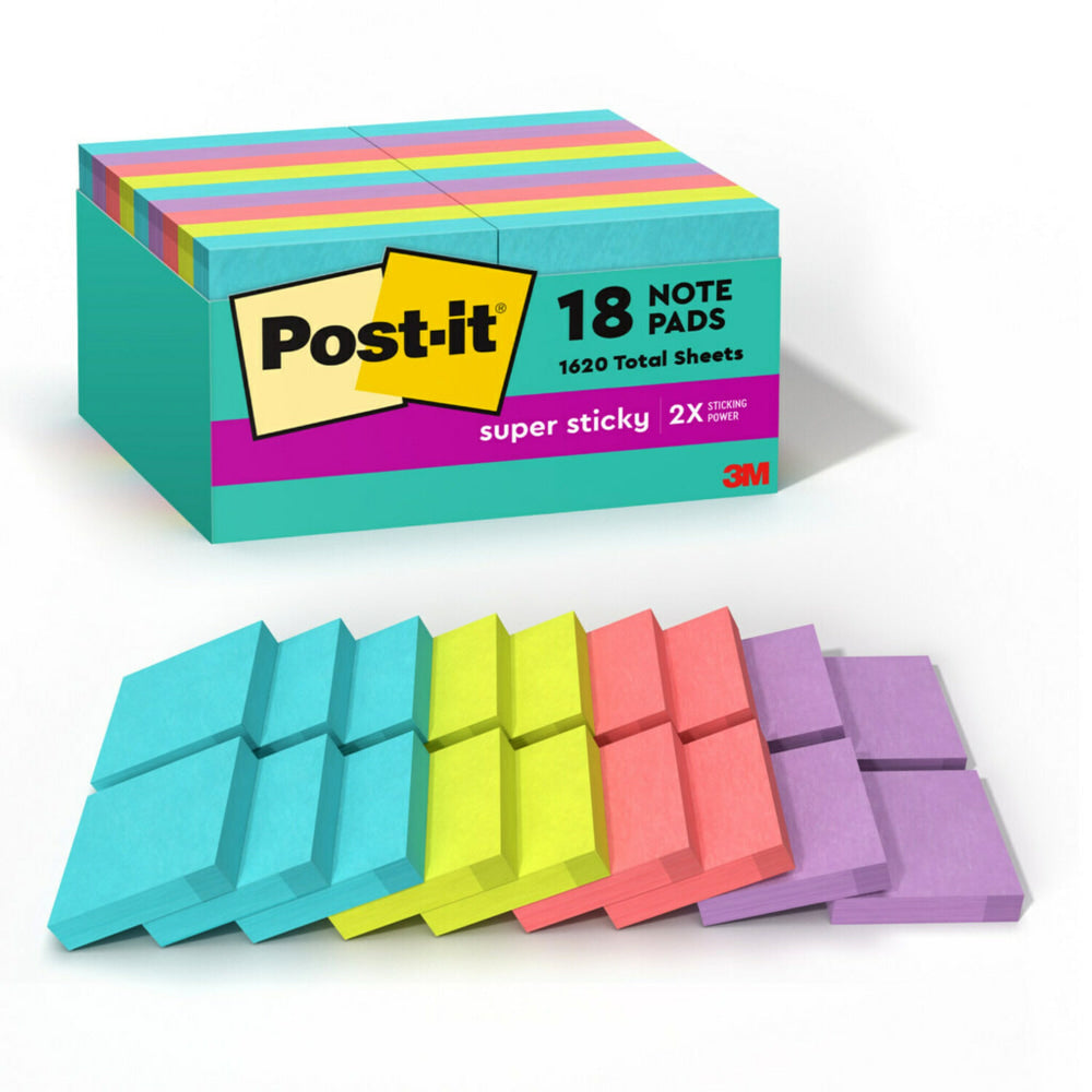 Post-it Super Sticky Notes, 1.88 x 1.88 in, 18 Sticky Note Pads, 90 Sheets/Pad, 2X the Sticking Power, School and Office Supplies, Supernova Neons