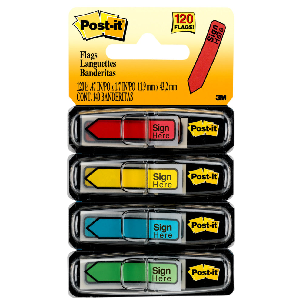 Post-it Flags, .47 x 1.7 in, 4 Dispensers, 30 Flags/Dispenser, Assorted Colors, "Sign Here",  Back to School Supplies for Students