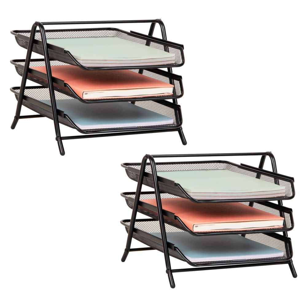 Mind Reader 3-Tier Paper Tray Desktop Organizer, File Storage, 10inH x 13-3/4inW x 11-1/2inL, Black, Set of 2 Trays