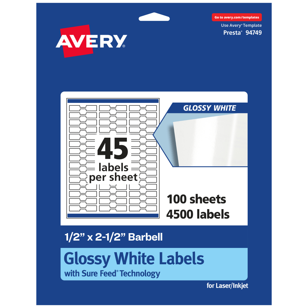 Avery Glossy Permanent Labels With Sure Feed, 94749-WGP100, Barbell, 1/2in x 2-1/2in, White, Pack Of 4,500