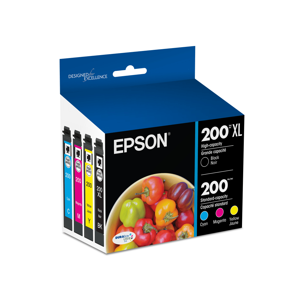 Epson 200XL Black/200 DuraBrite Cyan; Magenta; Yellow High-Yield/Standard Yield Ink Cartridges, Pack Of 4, T200XL-BCS