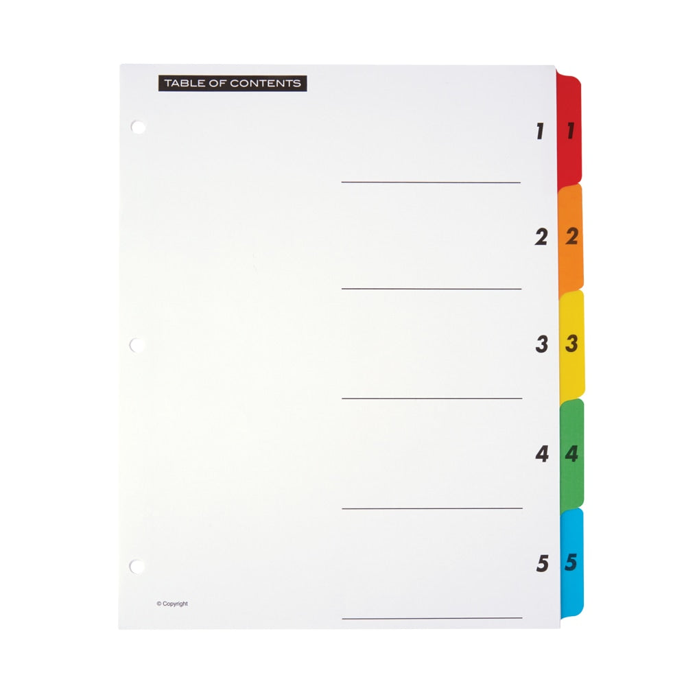Office Depot Brand Table Of Contents Customizable Index With Preprinted Tabs, Multicolor, Numbered 1-5, Pack Of 6 Sets