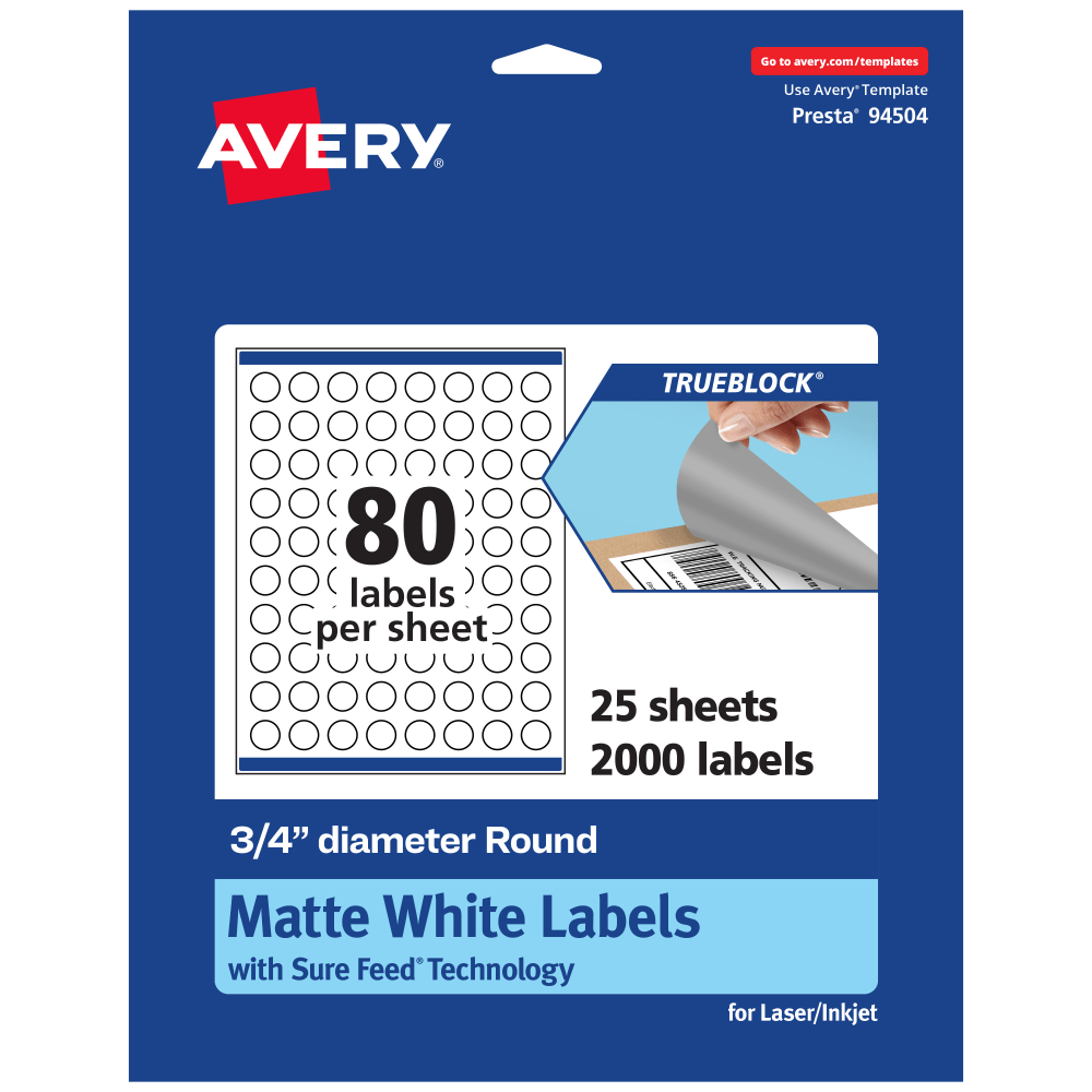Avery Print-To-The-Edge TrueBlock Labels With Sure Feed, 94504-TWMP25, Round, 3/4in, Matte White, Pack Of 2000