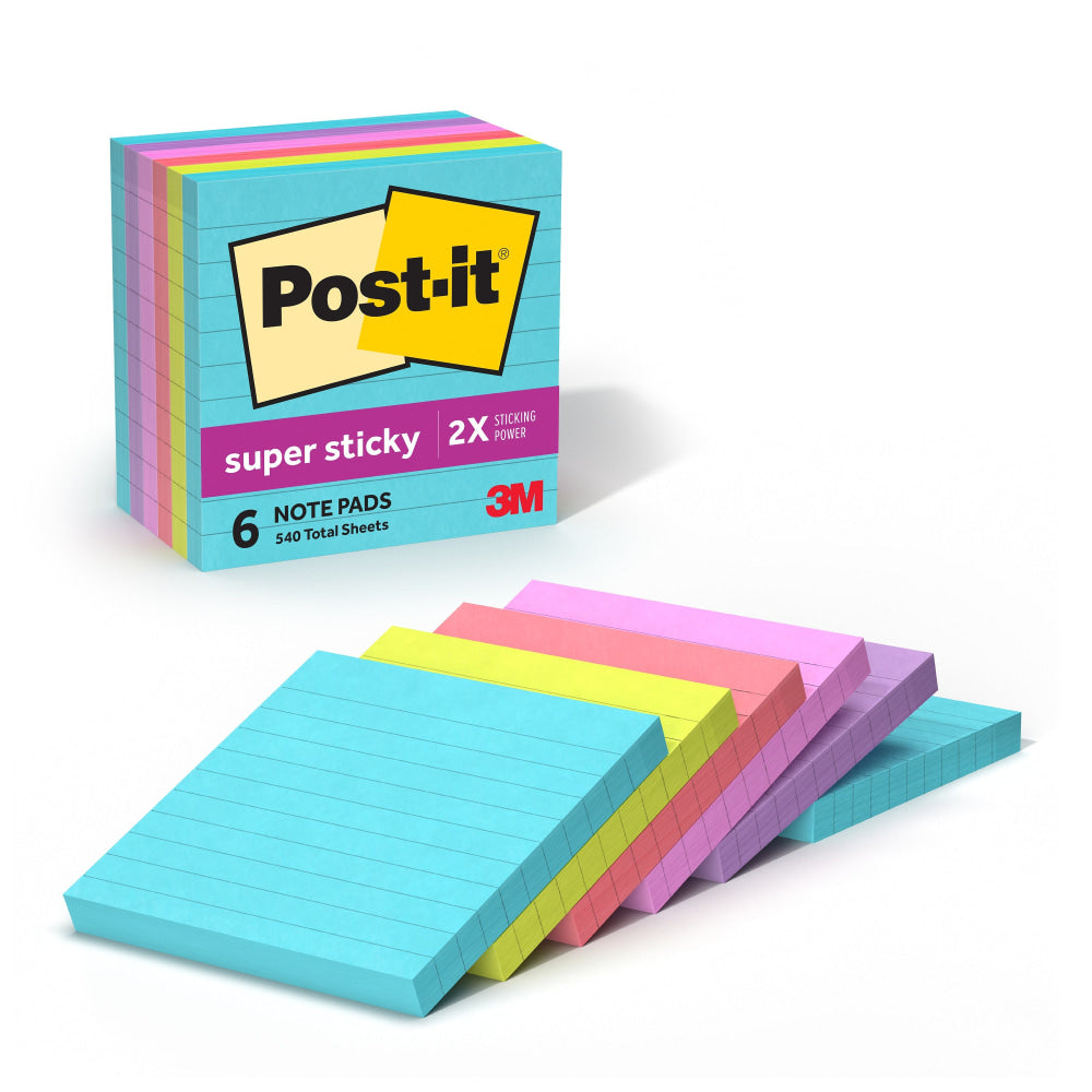 Post-it Super Sticky Notes, 4 x 4 in, 6 Lined Sticky Note Pads, 90 Sheets/Pad, 2X the Sticking Power, School and Office Supplies, Supernova Neons