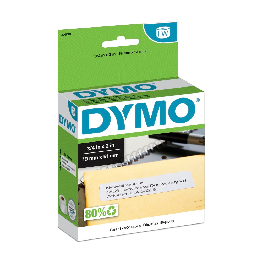 DYMO LabelWriter 30330 White Return Address Labels, 3/4in x 2in, Box Of 500