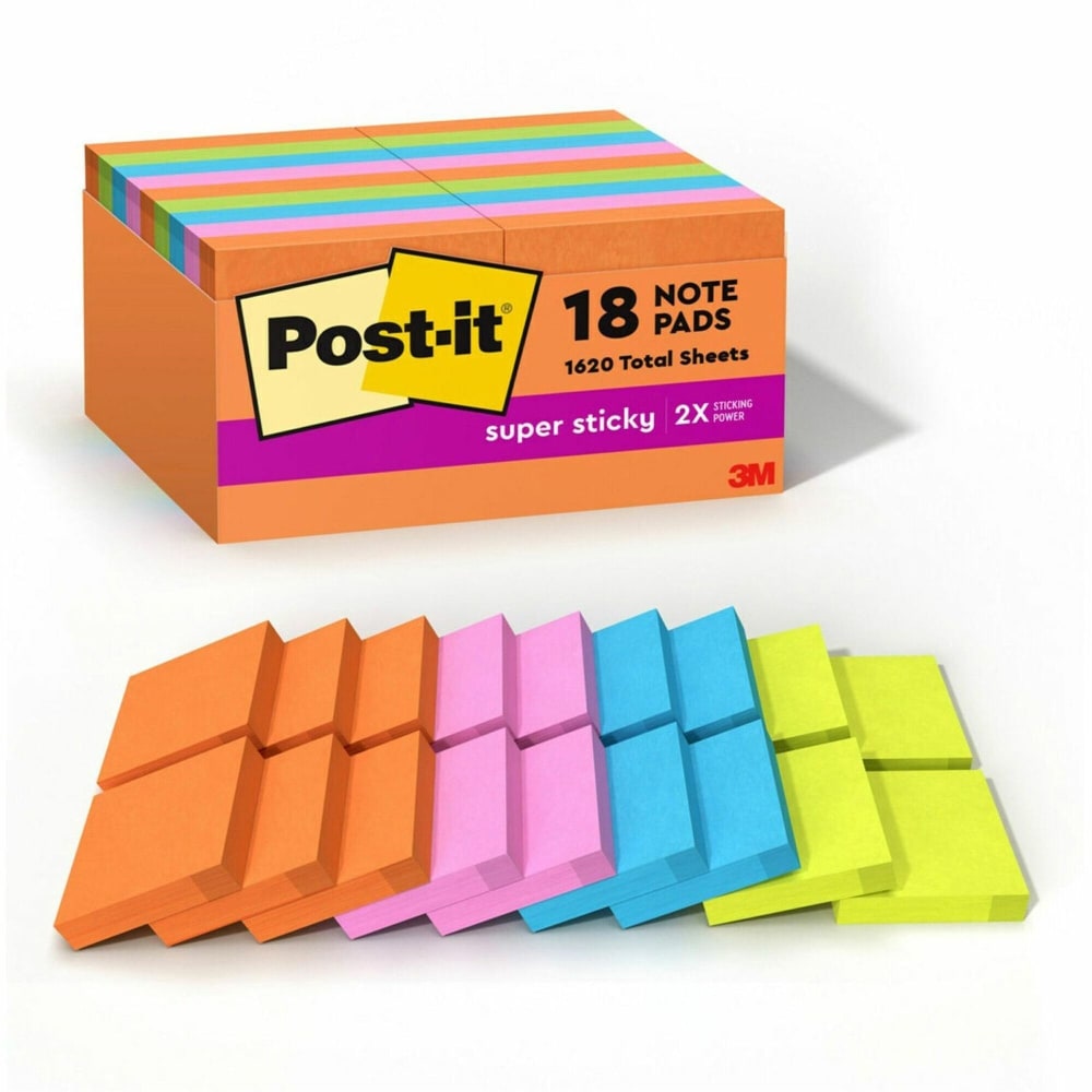 Post-it Super Sticky Notes,Energy Boost Color Collection , 2in x 2in, 18 Pads, 90 Sheets per Pad - 62218SSAUC