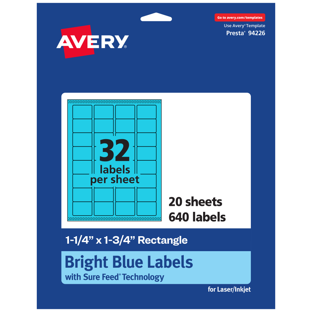 Avery Printable Labels With Sure Feed Technology, 94226-BBP20, Rectangle, 1-1/4in x 1-3/4in, Matte Bright Blue, Pack of 640