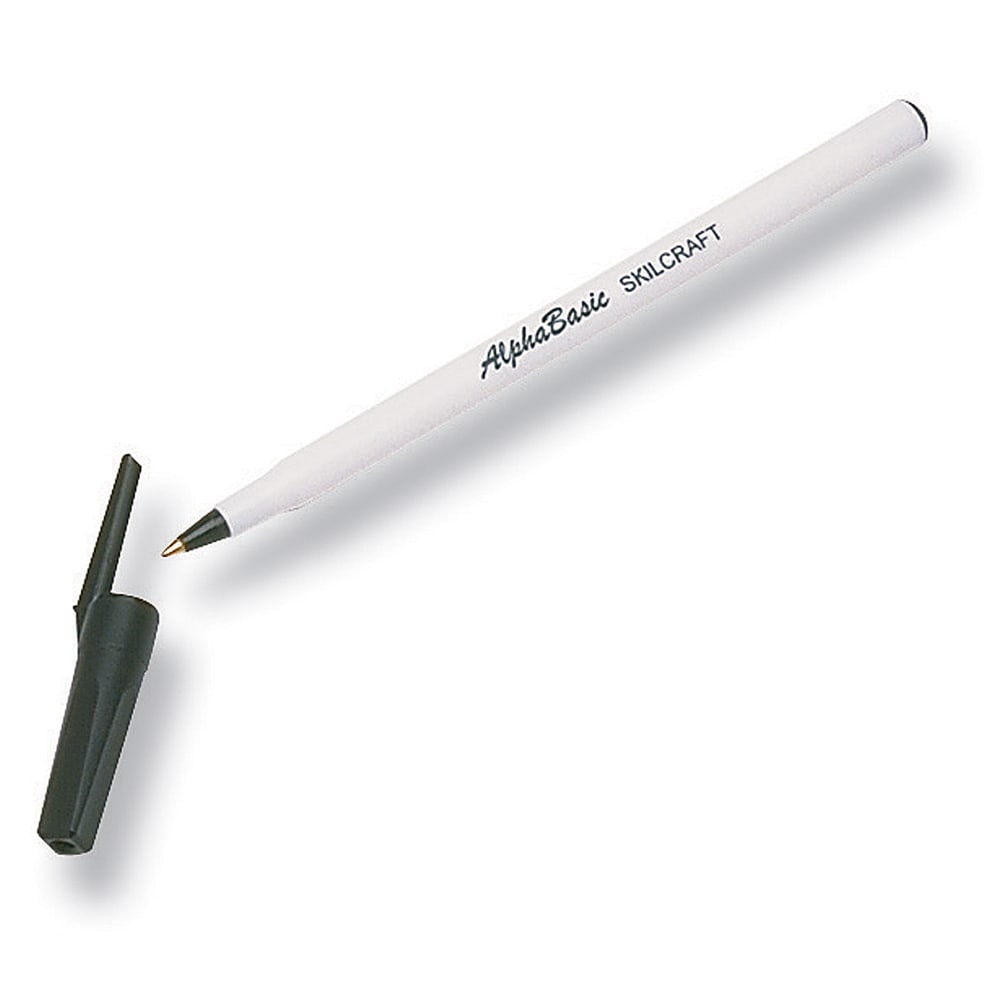 SKILCRAFT Stick Pens, Medium Point, White Barrel, Black Ink, Pack Of 12 Pens