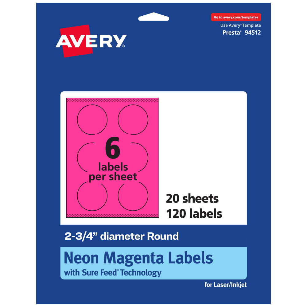 Avery Print-To-The-Edge Labels With Sure Feed Technology, 94512-NMP20, Round, 2-3/4in, Matte Neon Magenta, Pack of 120