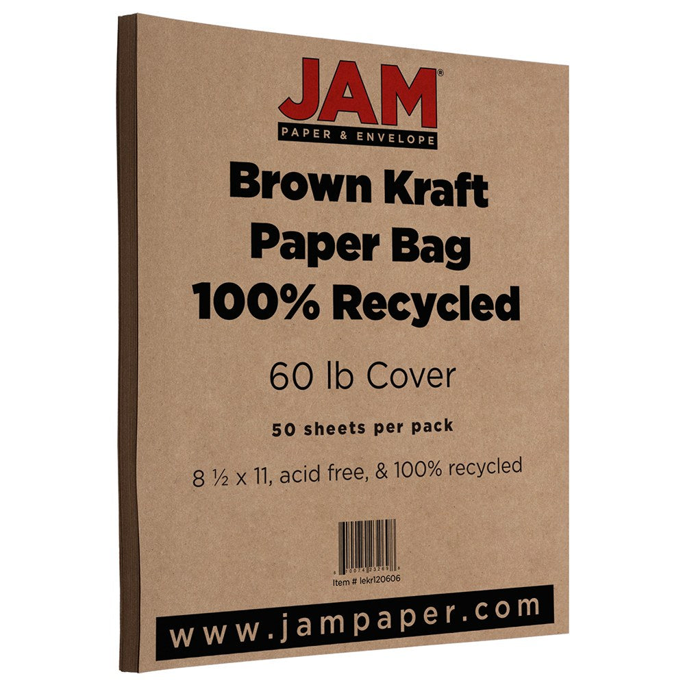 JAM Paper Card Stock, Brown Kraft, Letter (8.5in x 11in), 60 Lb, Pack Of 50