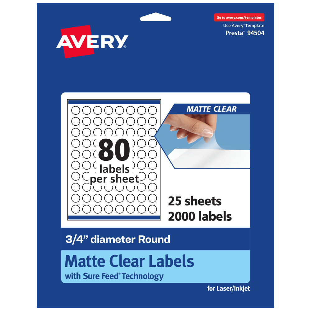 Avery Permanent Labels With Sure Feed, 94504-CMF25, Round, 3/4in, Matte Clear, Pack Of 2,000