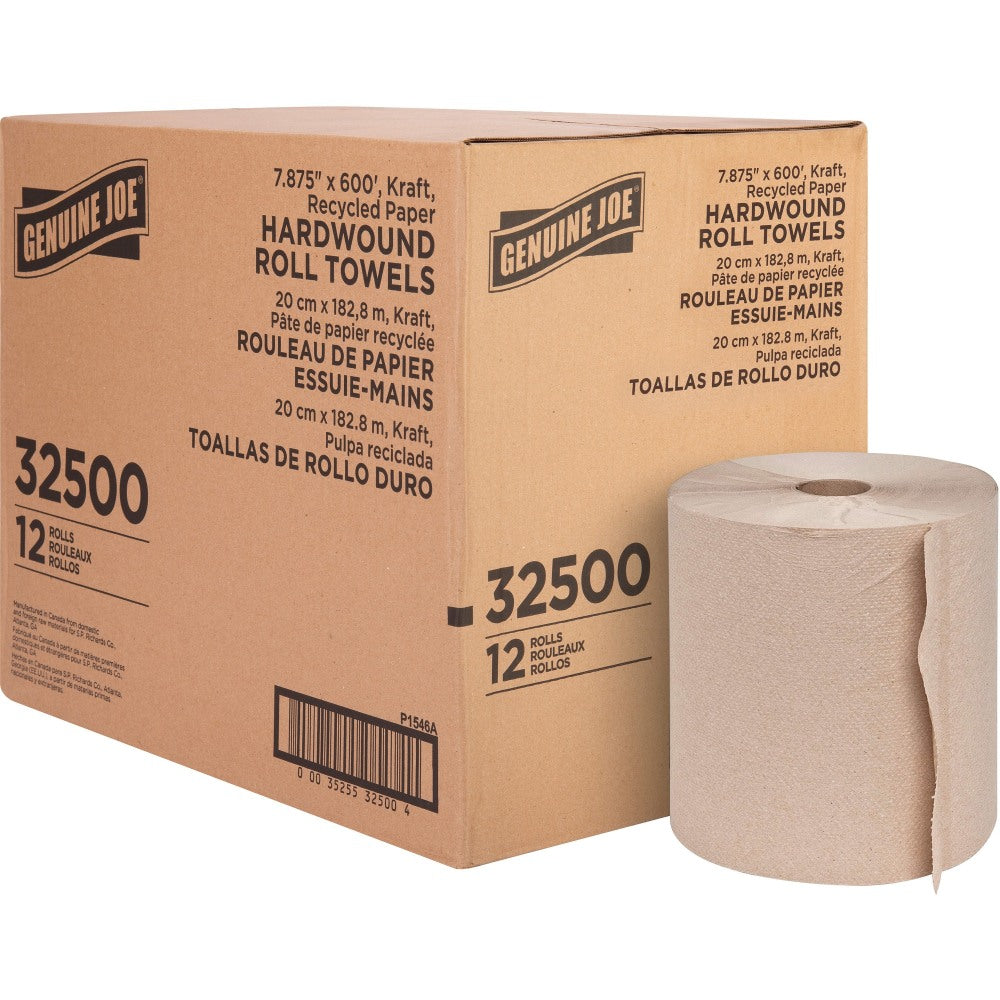 Genuine Joe Embossed Hardwound Roll Towels - 7.87in Width x 600 ft Length - 2in Core - Embossed Design - Brown - 12 / Carton