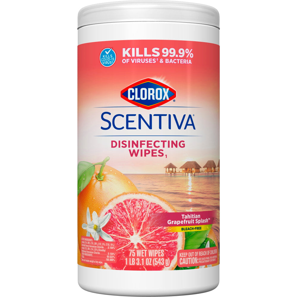 Clorox Scentiva Bleach-Free Cleaning Wipes, Grapefruit & Orange Blossom, 7in x 7-1/4in, Canister Of 75 Wipes