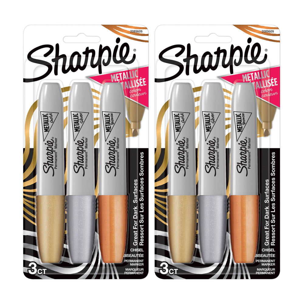 Sharpie Metallic Permanent Markers, Chisel Tip, Assorted Colors, Pack Of 3 Markers, Set Of 2 Packs