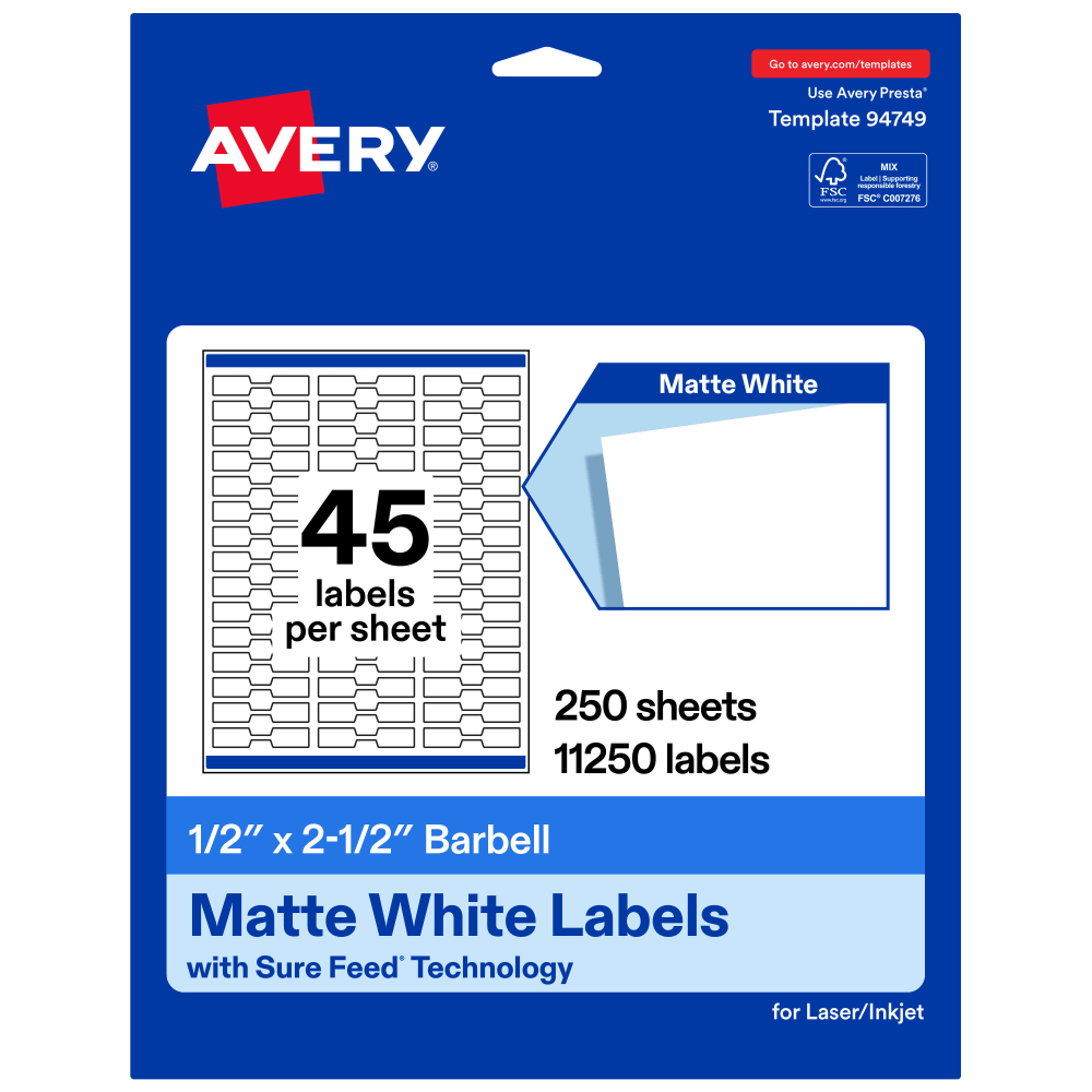 Avery Permanent Labels With Sure Feed, 94749-WMP250, Barbell, 1/2in x 2-1/2in, White, Pack Of 11,250