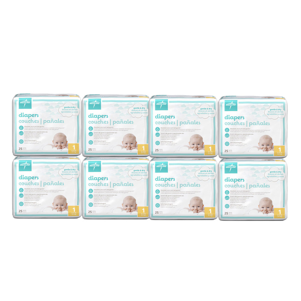 Medline KinderCare Disposable Baby Diapers, Size 1, 8-14 Lb, White, 25 Diapers Per Pack, Case Of 8 Packs
