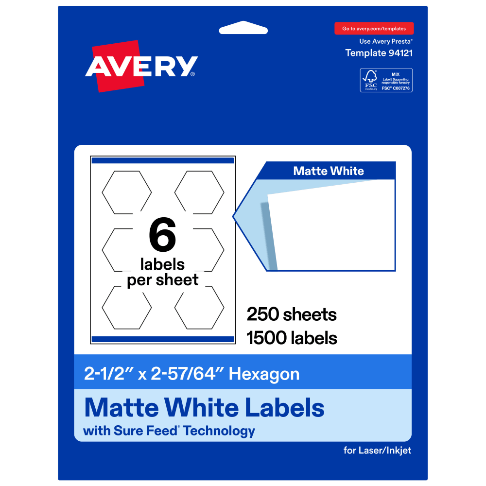 Avery Permanent Labels With Sure Feed, 94121-WMP250, Hexagon, 2-1/2in x 2-57/64in, White, Pack Of 1,500