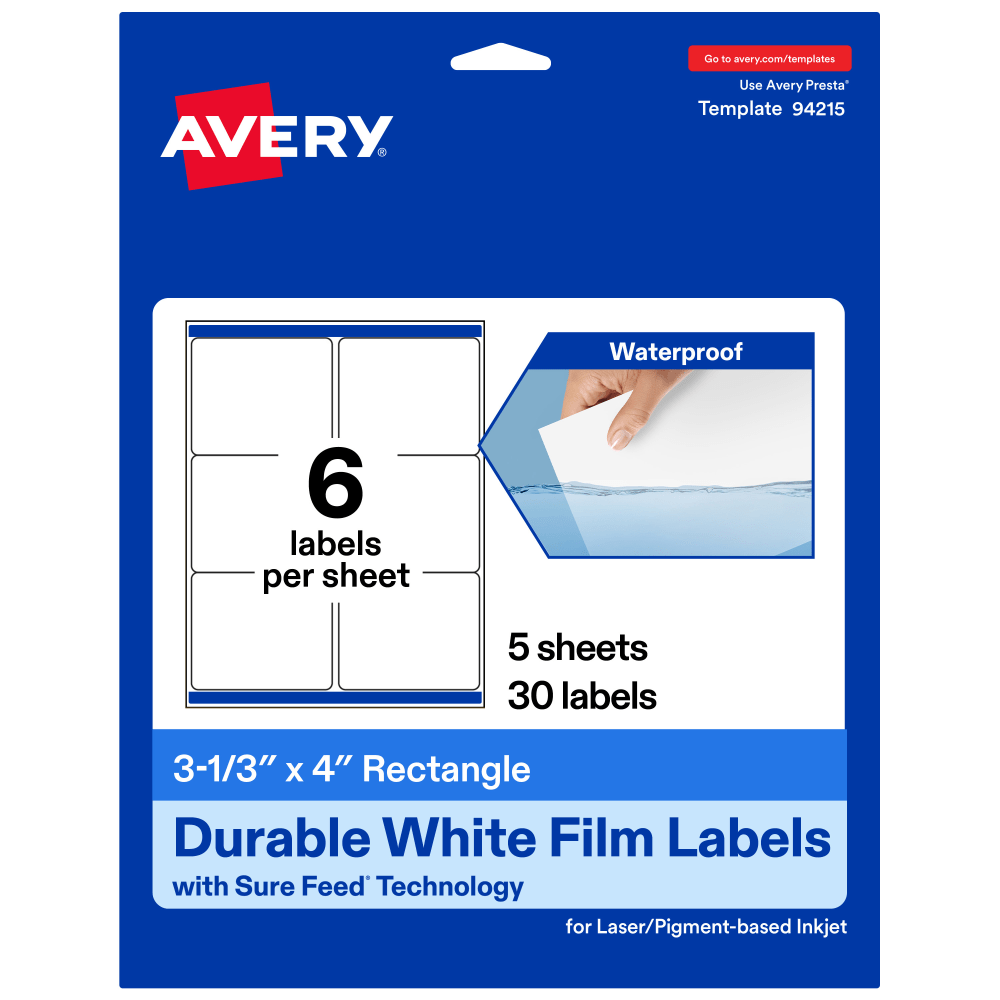 Avery Waterproof Permanent Labels With Sure Feed, 94215-WMF5, Rectangle, 3-1/3in x 4in, White, Pack Of 30