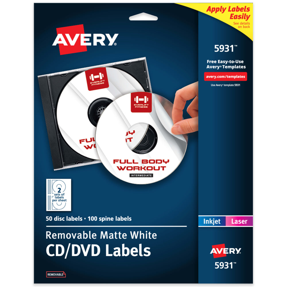 Avery Removable Print-to-the-Edge CD/DVD Labels, 5931, Round, 4.65in Diameter, White, 50 Disc Labels And 100 Spine Labels