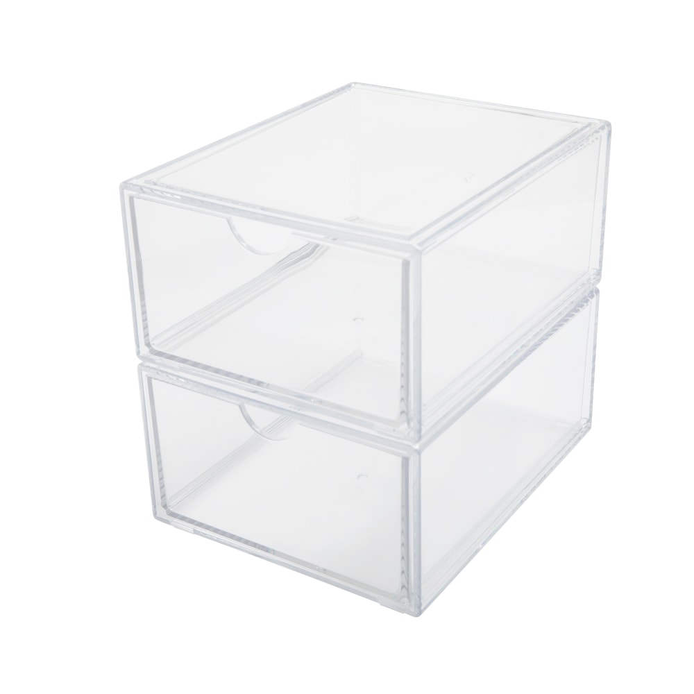 Martha Stewart Brody Plastic Stackable Office Desktop Organizer Boxes With Drawers, 3-1/2inH x 6inW x 7-1/2inD, Clear, Pack Of 2 Boxes