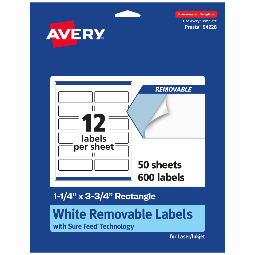 Avery Removable Labels With Sure Feed, 94228-RMP50, Rectangle, 1-1/4in x 3-3/4in, White, Pack Of 600 Labels