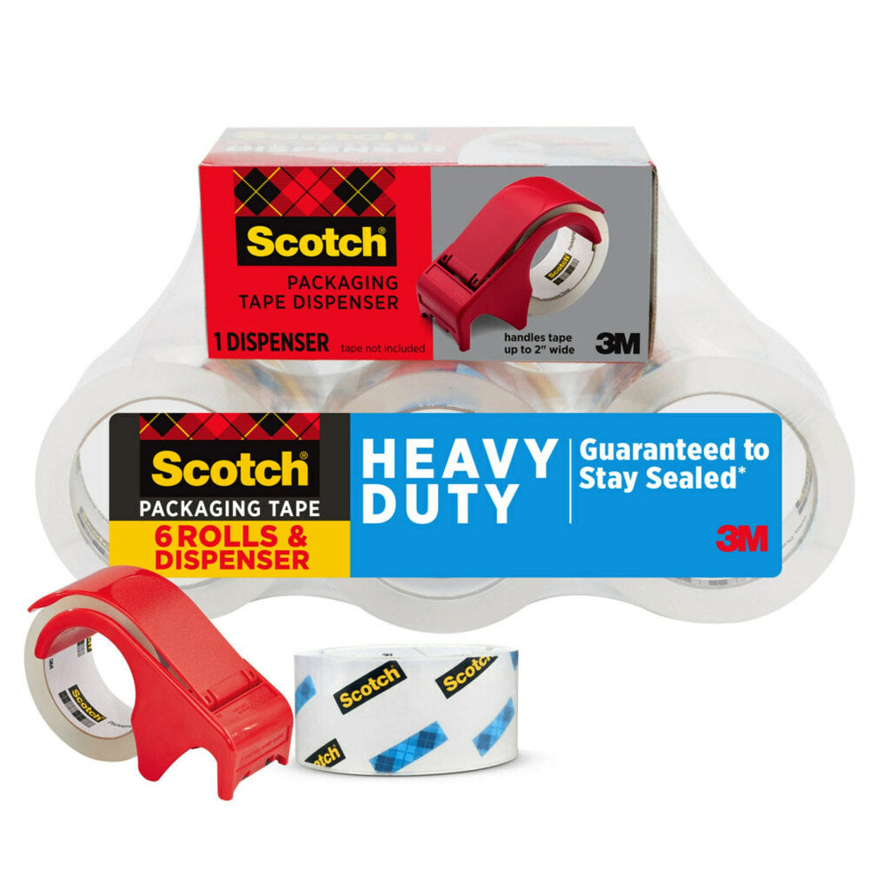 Scotch Heavy Duty Shipping Packaging Tape, 1.88 in x 54.6 yd, 6 Tape Roll with 1 Dispenser, Moving Supplies, Packing Tape for Moving Boxes