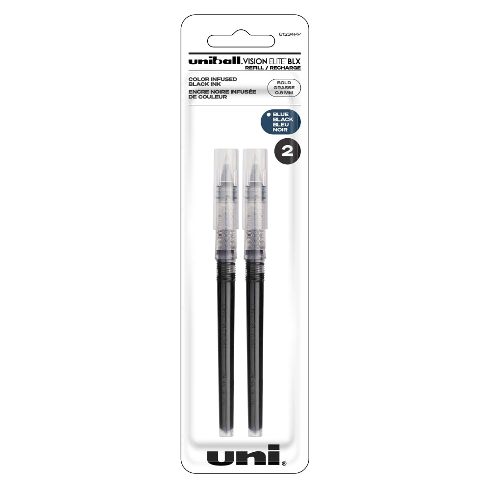 uni-ball Vision Elite Liquid Rollerball Pen Refills, Bold Point, 0.8 mm, Blue/Black Ink, Pack Of 2