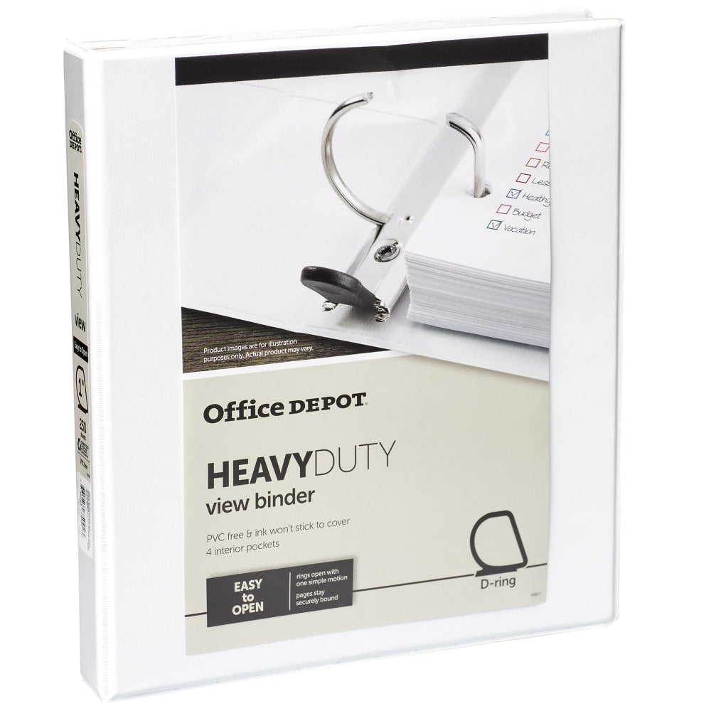 Office Depot Brand Heavy-Duty View 3-Ring Binder, 1in D-Rings, 49% Recycled, White