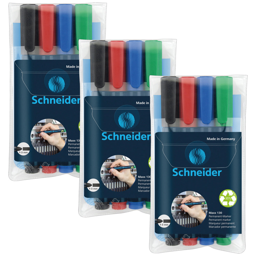Schneider Maxx 130 Permanent Markers, Assorted Colors, 4 Per Pack, Set Of 3 Packs