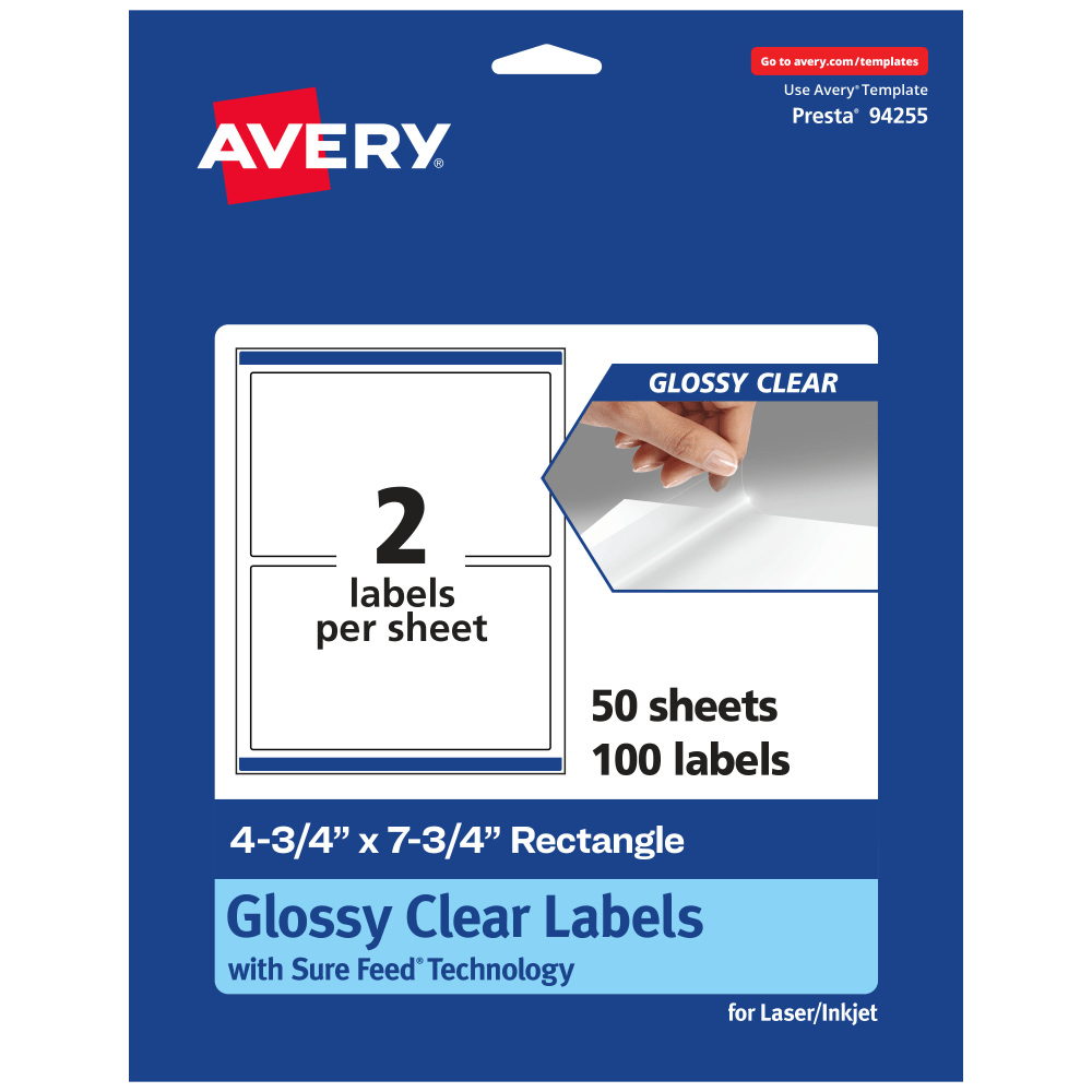 Avery Glossy Permanent Labels With Sure Feed, 94255-CGF50, Rectangle, 4-3/4in x 7-3/4in, Clear, Pack Of 100