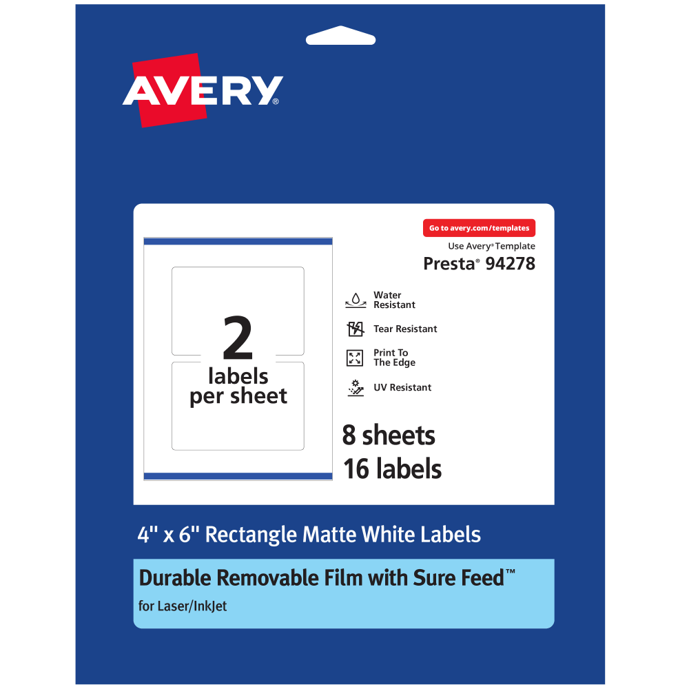 Avery Durable Removable Labels With Sure Feed, 94278-DRF8, Rectangle, 4in x 6in, White, Pack Of 16