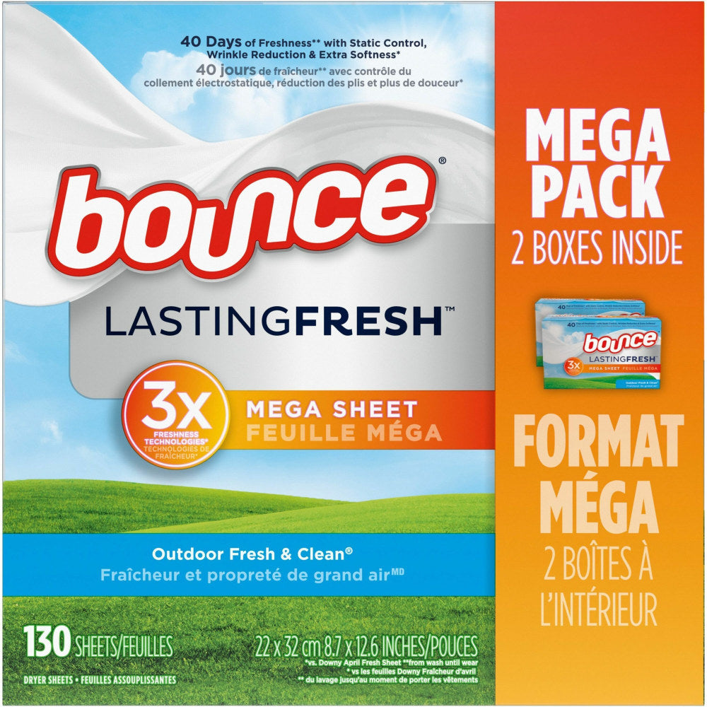 Bounce Mega Dryer Sheets - Sheet - Outdoor Fresh Scent - 65 / Box - 130 / Pack - White