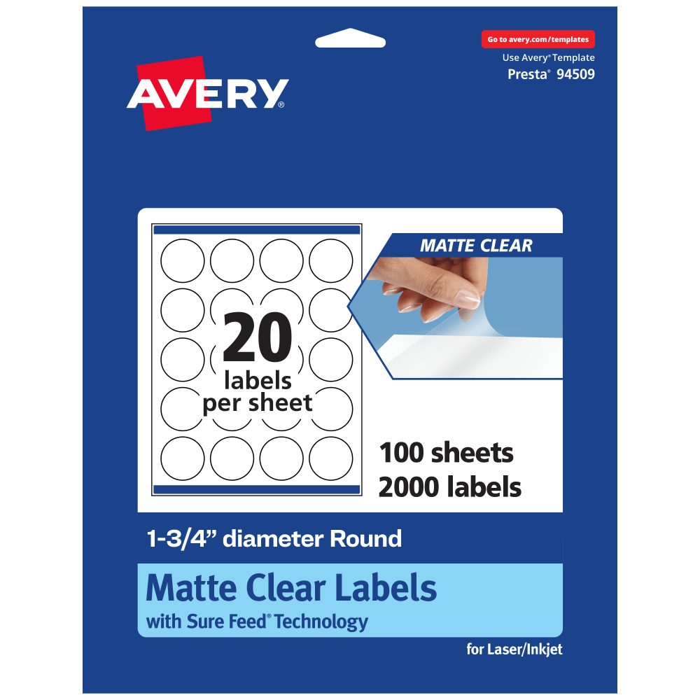Avery Permanent Labels With Sure Feed, 94509-CMF100, Round, 1-3/4in, Matte Clear, Pack Of 2,000