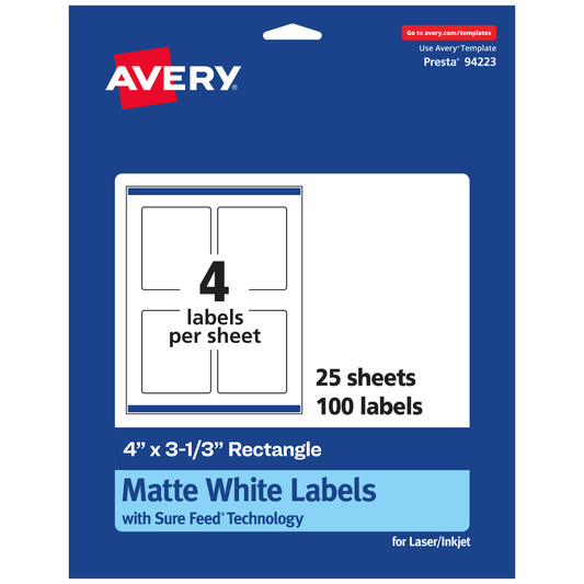 Avery Permanent Labels With Sure Feed, 94223-WMP25, Rectangle, 4in x 3-1/3in, White, Pack Of 100