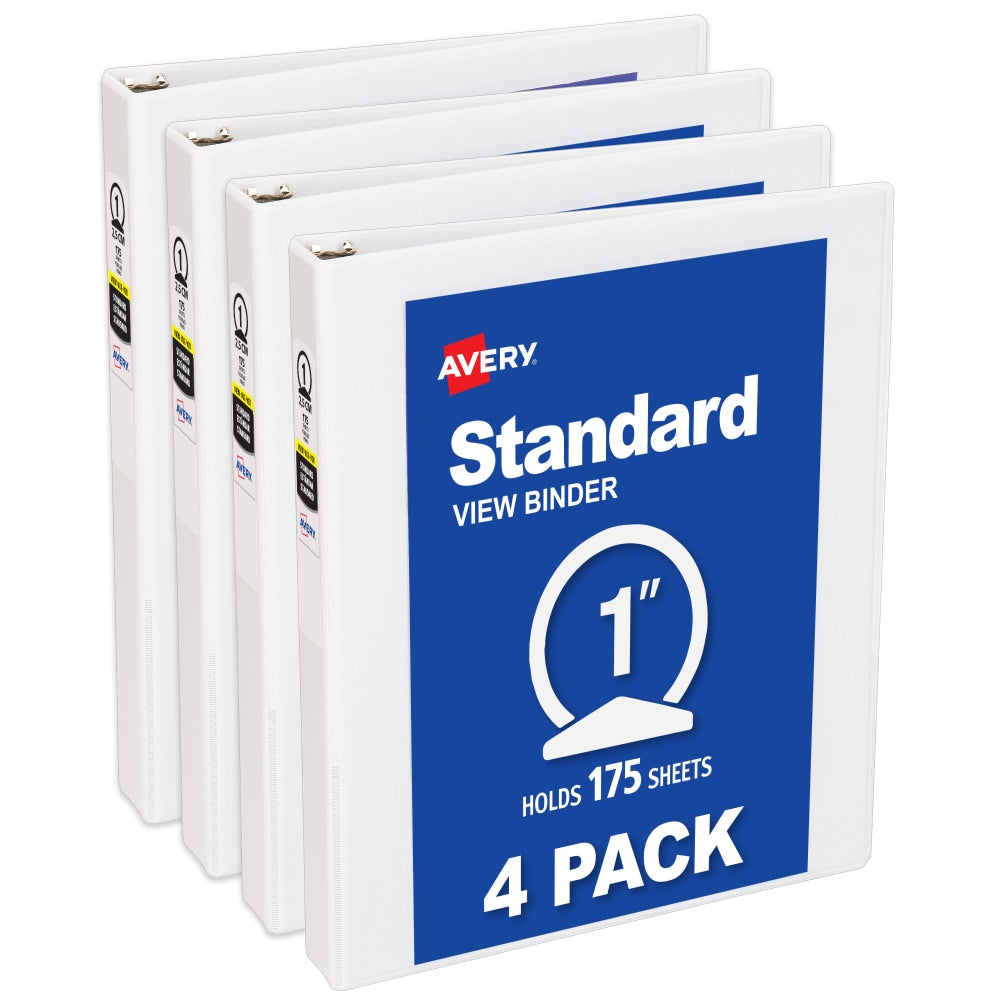 Avery Standard View 3 Ring Binders, 1in Round Rings, White, Pack Of 4