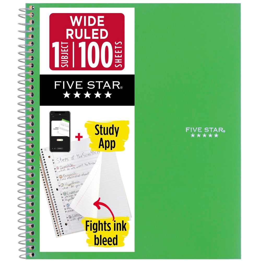 Five Star Spiral Notebook Plus Study App, 1 Subject, Wide Ruled, 8in x 10 1/2in, Retro Green
