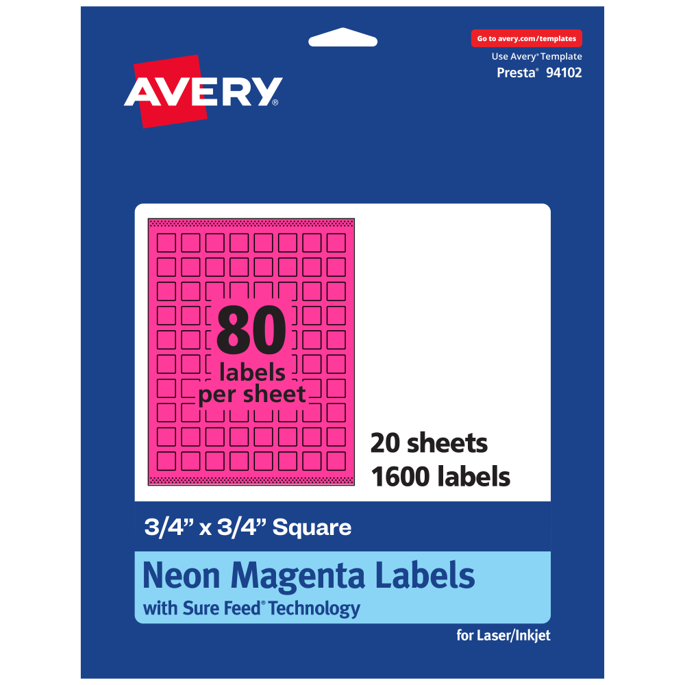 Avery Print-To-The-Edge Labels With Sure Feed Technology And Easy Peel, 94102-NMP20, Square, 3/4in x 3/4in, Matte Neon Magenta, Pack of 1600