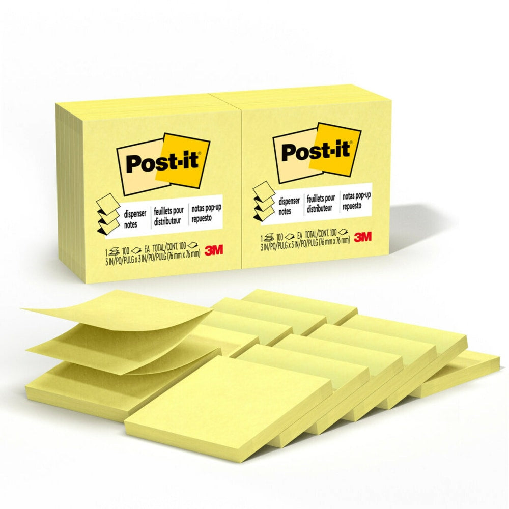 Post-it Pop Up Notes, 3 x 3 in, 12 Sticky Note Pads, 100 Sheets/Pad, Accordion Sticky Notes Works with Pop Up Dispenser, Canary Yellow