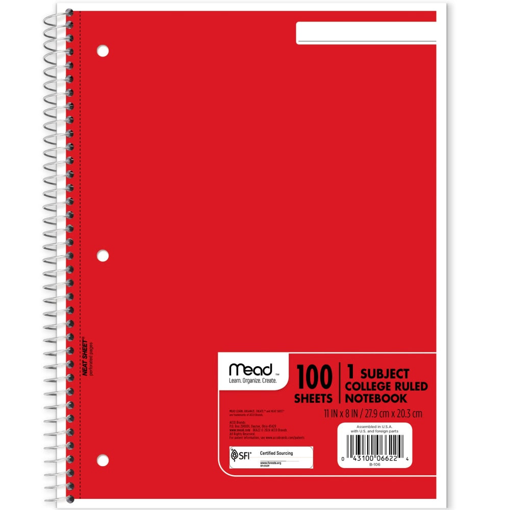 Mead Spiral Notebook, 8in x 11in, 1 Subject, College Ruled, 200 Pages (100 Sheets), Assorted Colors