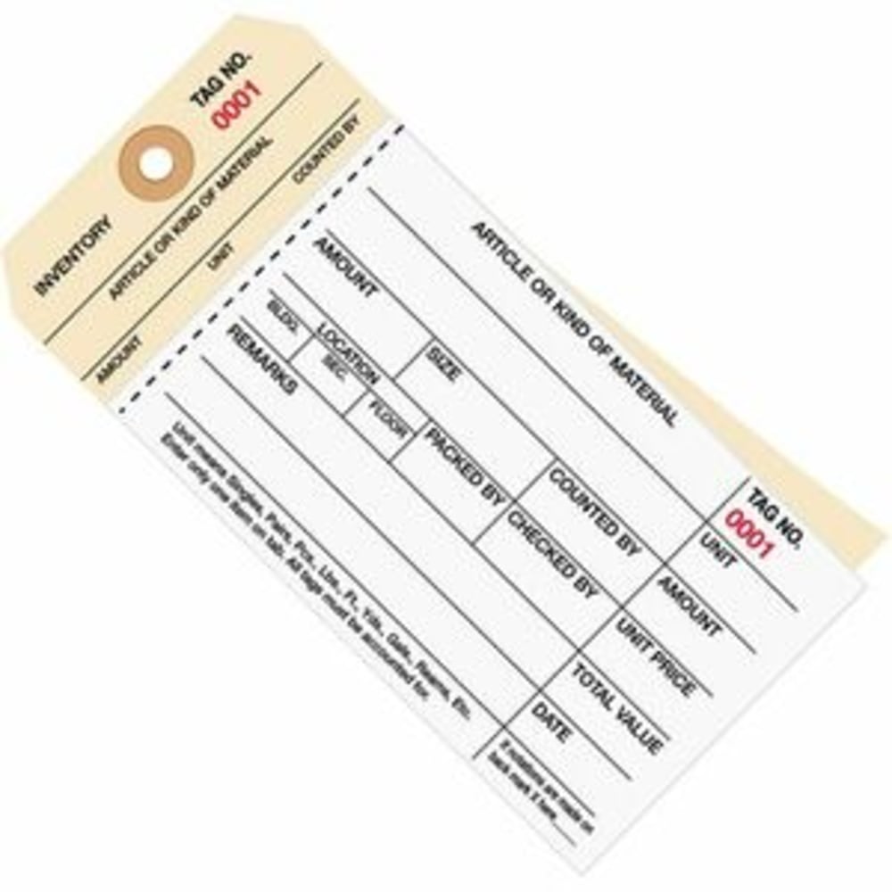 B O X Packaging Manila Inventory Tags, 2-Part Carbonless Stub Style, 1000-1499, Box Of 500