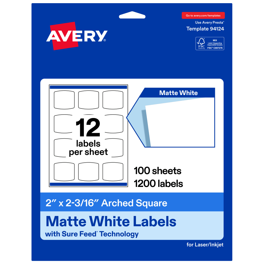 Avery Permanent Labels With Sure Feed, 94124-WMP100, Arched Square, 2in x 2-3/16in, White, Pack Of 1,200