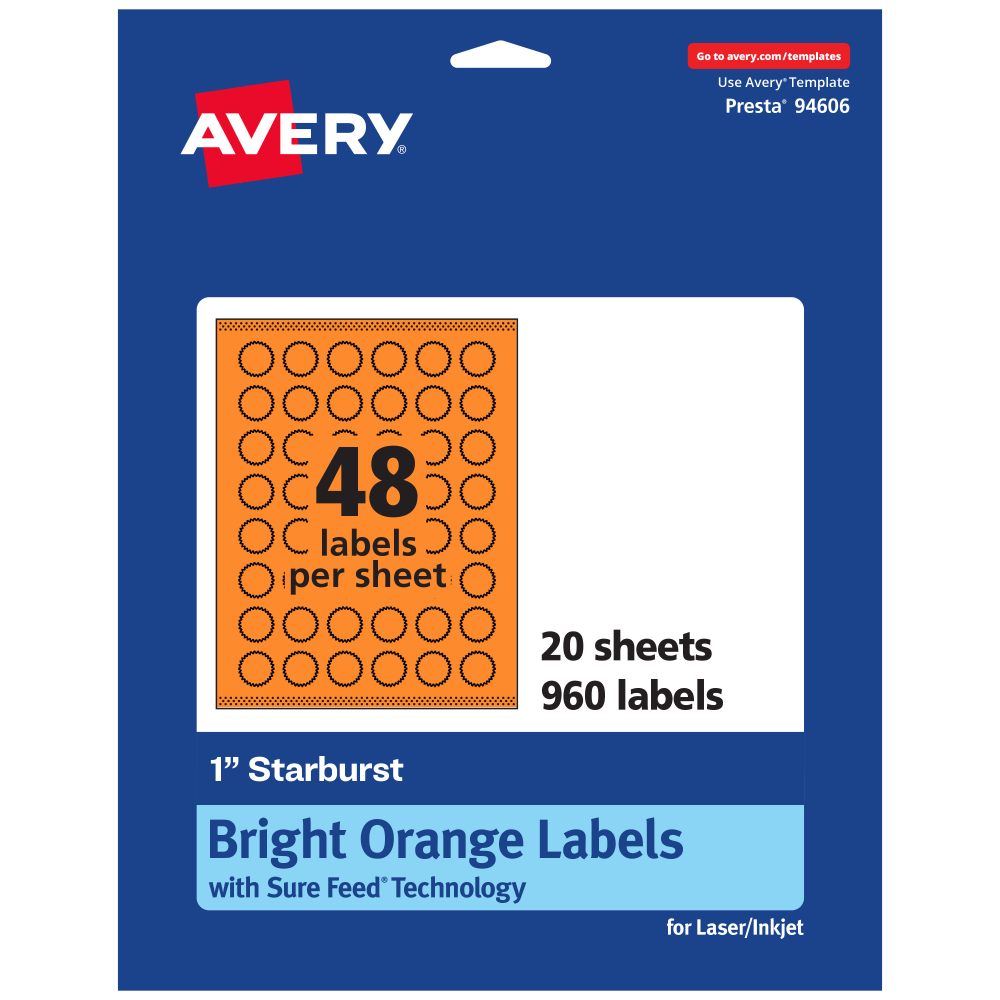 Avery Print-To-The-Edge Labels With Sure Feed Technology, 94606-BOP20, Starburst, 1in, Matte Bright Orange, Pack of 960
