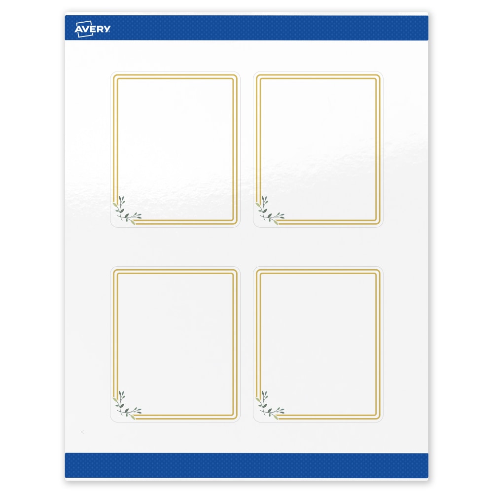 Avery Print-To-The-Edge Labels & Sure Feed, S00-DMQ-PRWGP10, 4in x 3-1/3in, Glossy White, Preprinted Double Gold Border & Floral Design, Pack Of 40