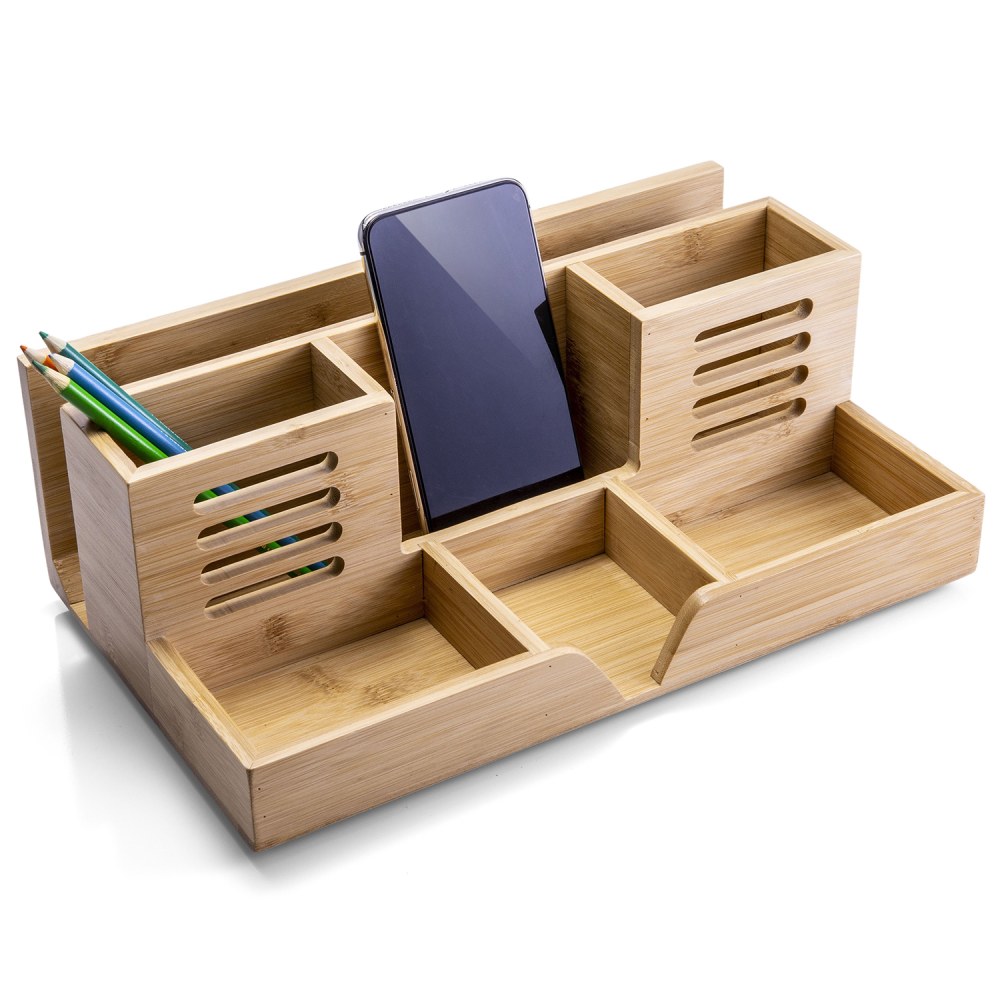 Officemate Bamboo Desk Organizer, 5-3/16inH x 14-1/8inW x 8-5/8inD, Brown