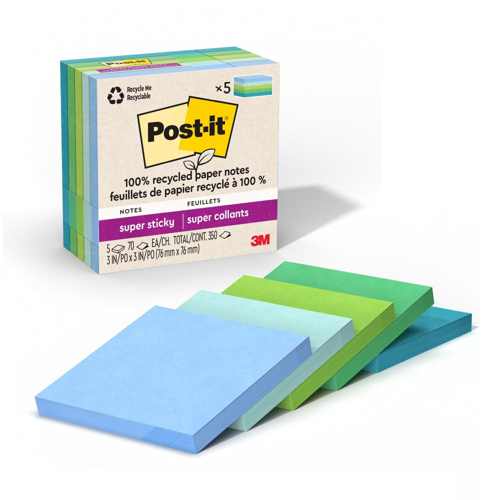 Post-it Super Sticky 100% Recycled Paper Notes, 3 x 3 in, 5 Sticky Note Pads, 70 Sheets/Pad, 2X the Sticking Power, School and Office Supplies, Oasis