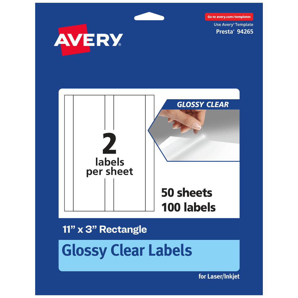 Avery Glossy Permanent Labels, 94265-CGF50, Rectangle, 11in x 3in, Clear, Pack Of 100