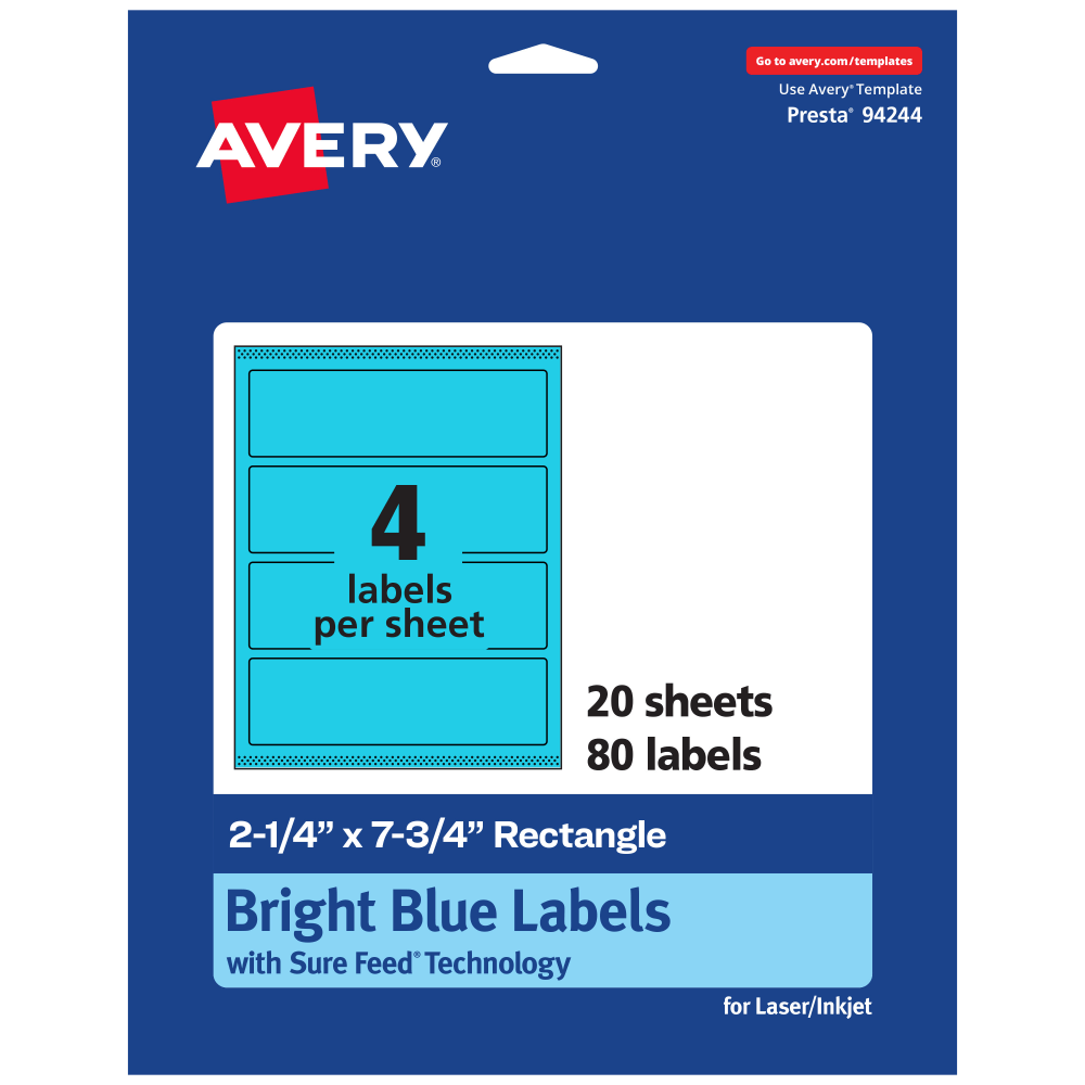 Avery Print-To-The-Edge Labels With Sure Feed Technology, 94244-BBP20, Rectangle, 2-1/4in x 7-3/4in, Matte Bright Blue, Pack of 80
