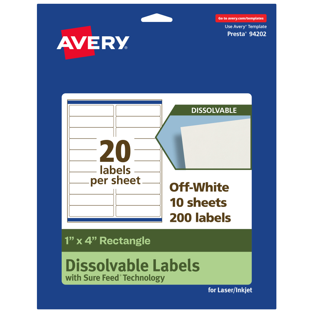 Avery Dissolvable Labels With Sure Feed Technology, 94202-DWMP10, Rectangle, 1inx4in, Matte Off-White, Pack Of 200