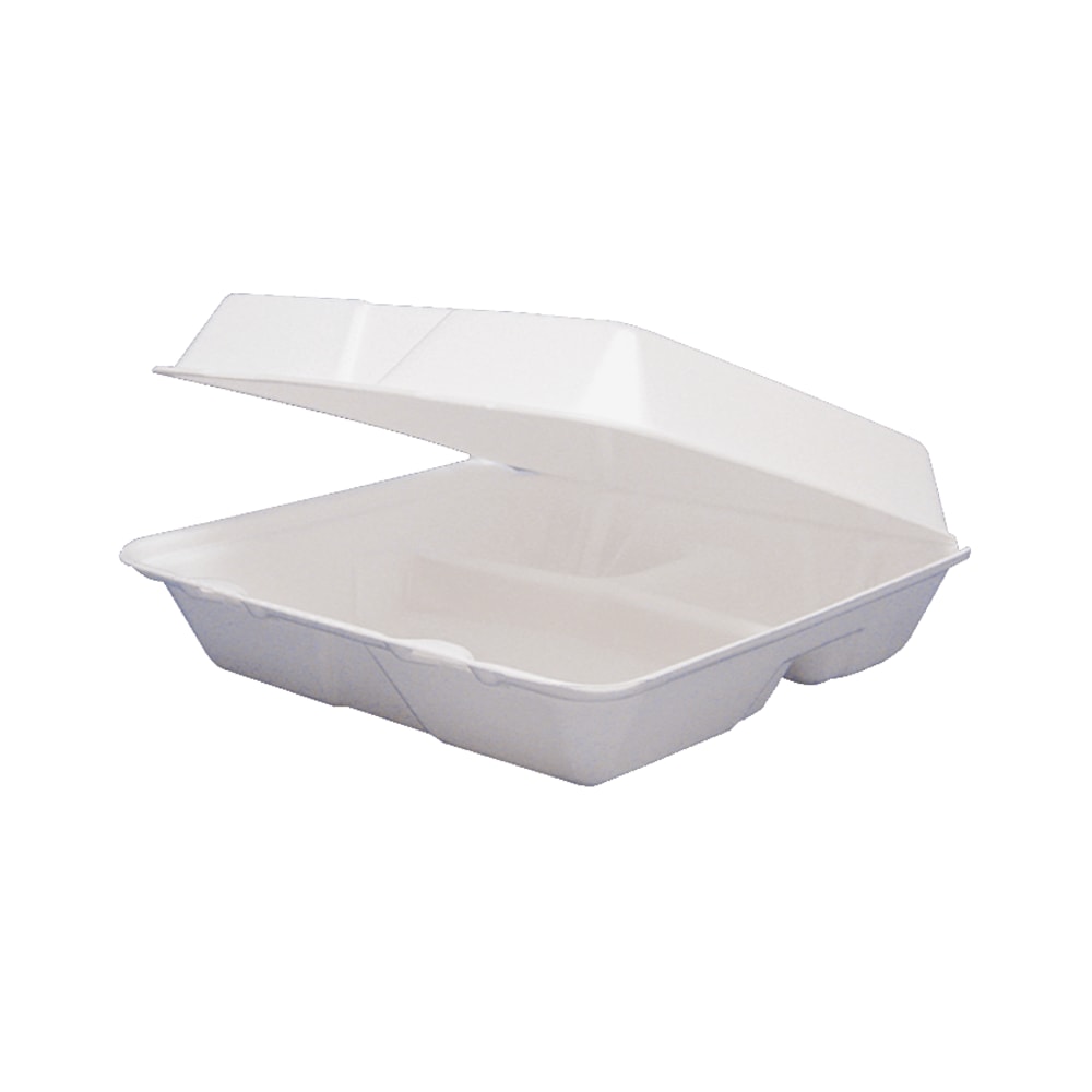 Dart Foam Hinged Lid Containers, 3 Compartments, 8.38 x 7.78 x 3.25, 200/CT