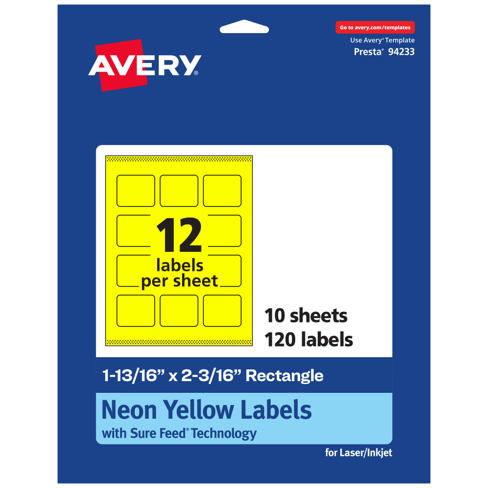 Avery Print-To-The-Edge Labels With Sure Feed Technology And Easy Peel, 94233-NYP10, Rectangle, 1-13/16in x 2-3/16in, Matte Neon Yellow, Pack of 120